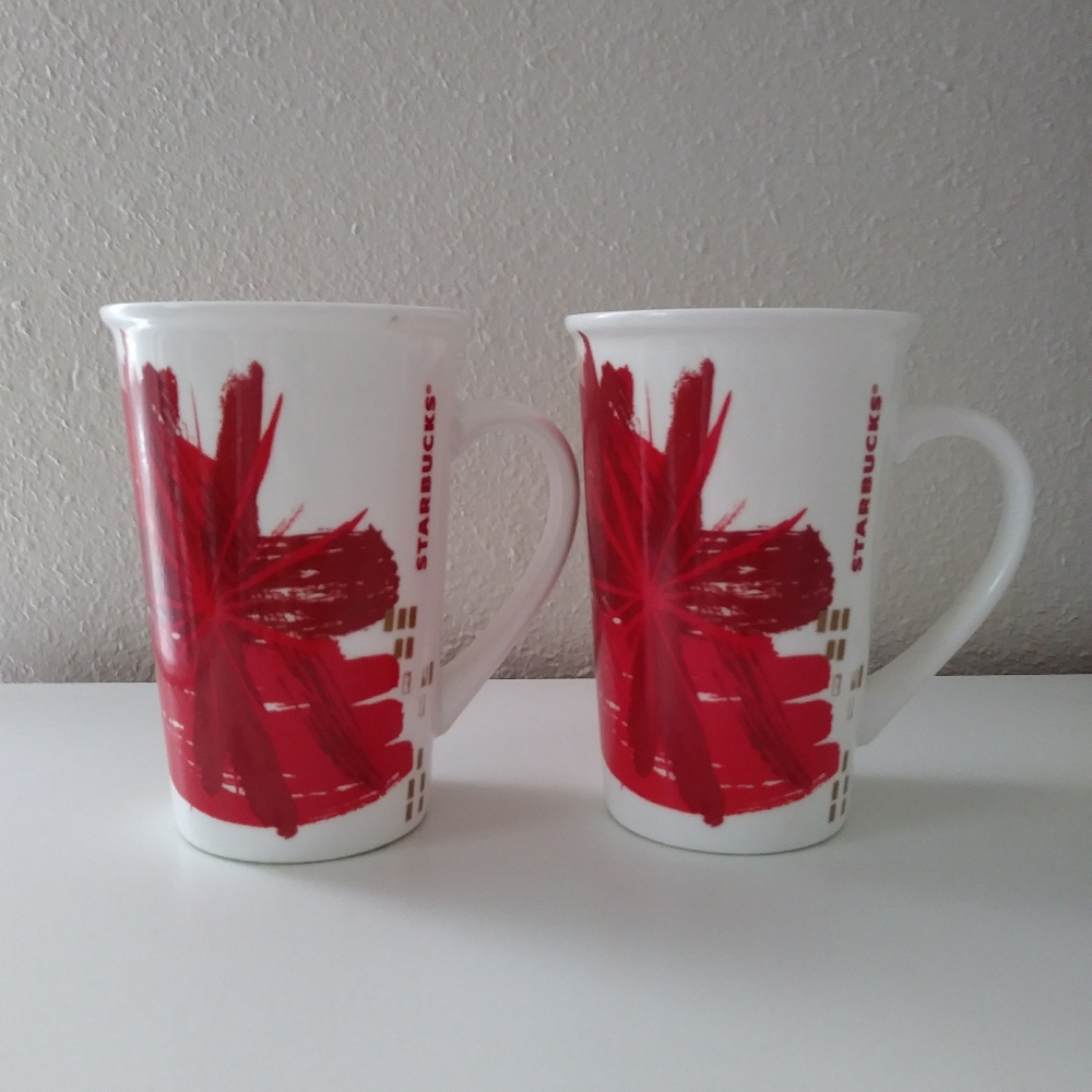 Starbucks coffee cup set 2 mugs white & red 2014